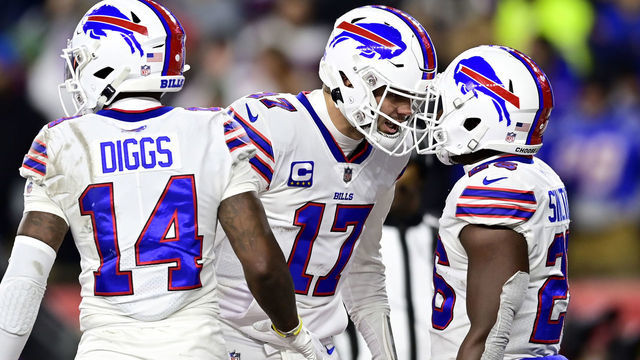 FOXBOROUGH, MASSACHUSETTS - DECEMBER 01: Quarterback Josh Allen #17 celebrates with running back Devin Singletary #26 of the Buffalo Bills after Singletary rushed for a fourth quarter touchdown against the New England Patriots at Gillette Stadium on December 01, 2022 in Foxborough, Massachusetts.