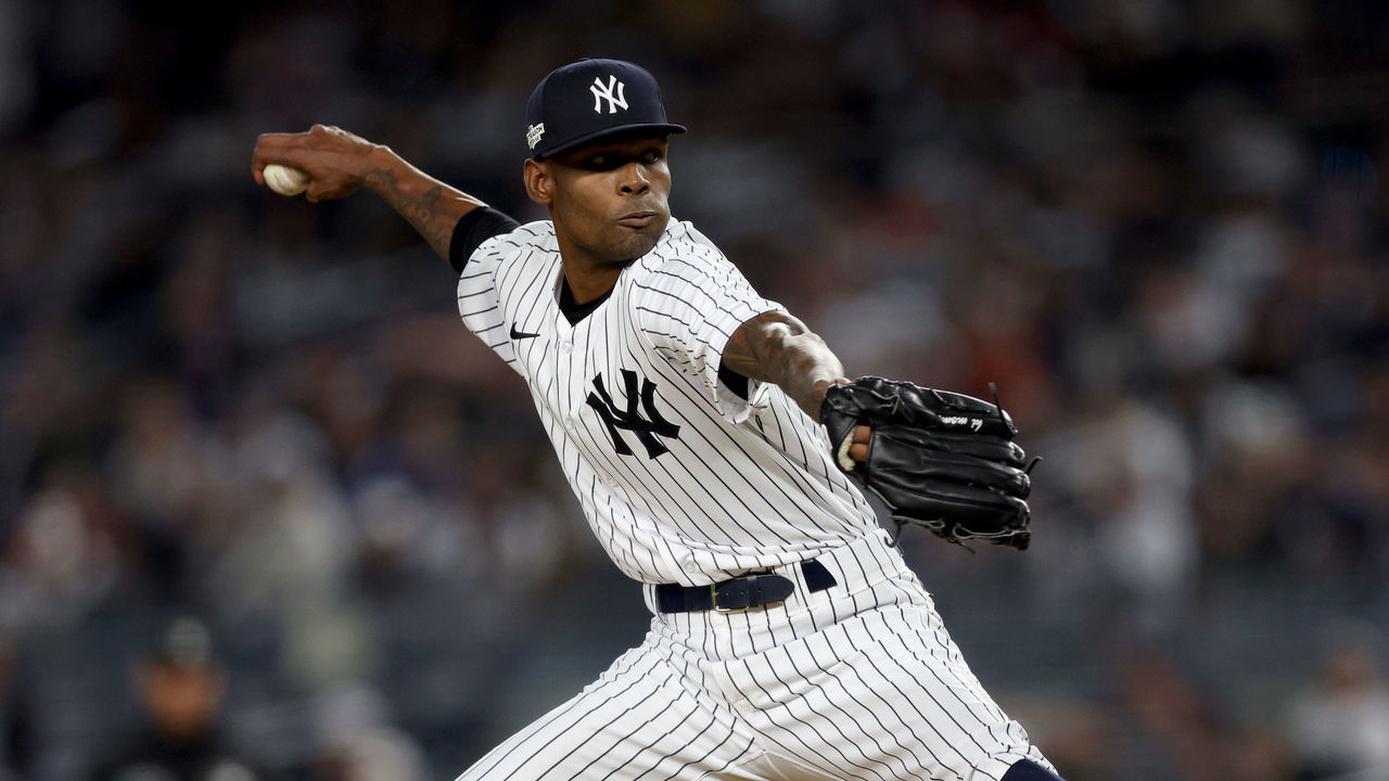 NEW YORK, NEW YORK - OCTOBER 22: Miguel Castro #30 of the New York Yankees pitches against the Houston Astros during the eighth inning in game three of the American League Championship Series at Yankee Stadium on October 22, 2022 in New York City.