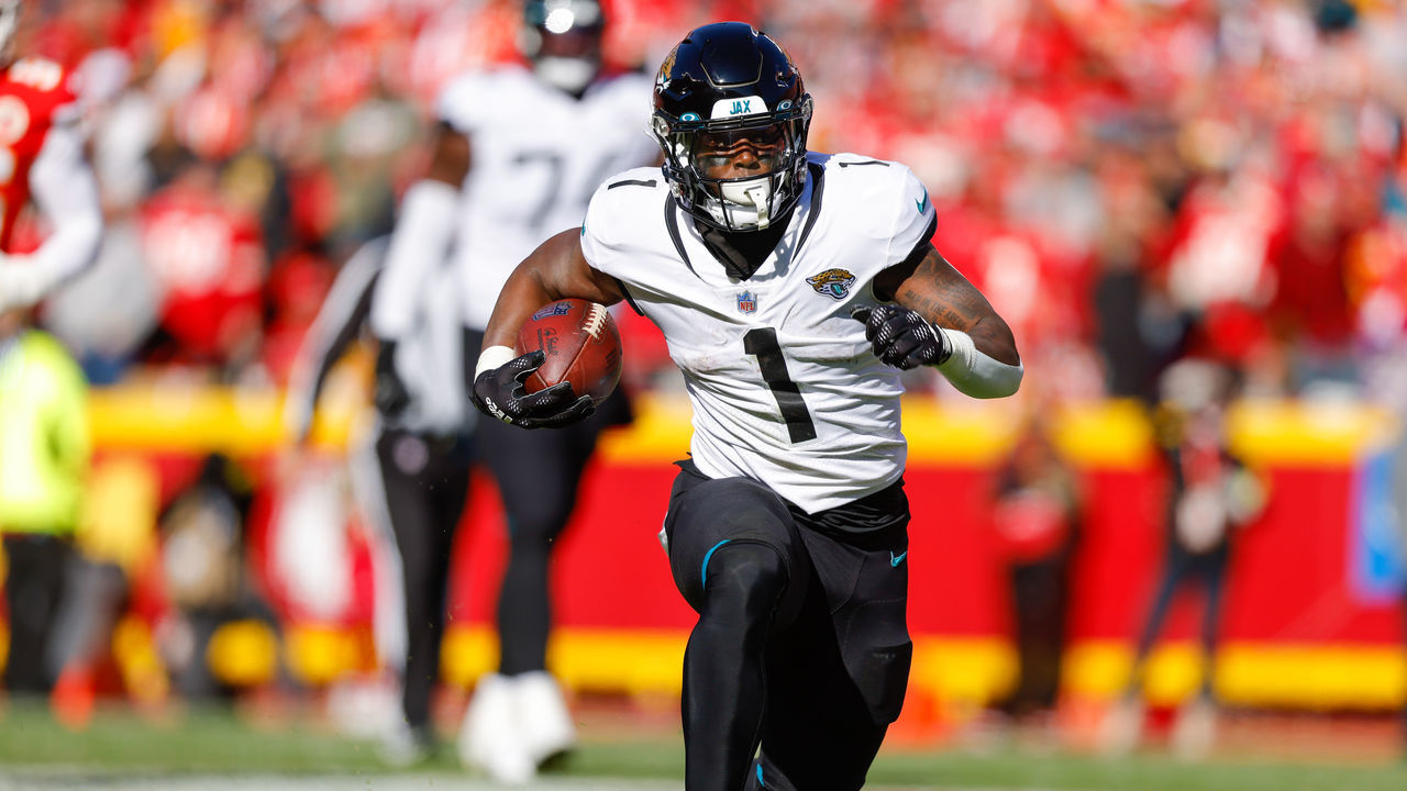 KANSAS CITY, MO - NOVEMBER 13: Travis Etienne Jr. #1 of the Jacksonville Jaguars runs after a pass catch during the second quarter against the Kansas City Chiefs at Arrowhead Stadium on November 13, 2022 in Kansas City, Missouri.