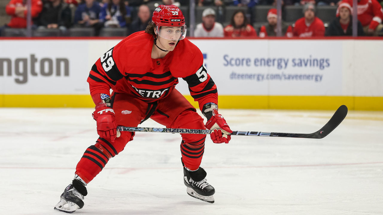 DETROIT, MI - NOVEMBER 28: Detroit Red Wings forward Tyler Bertuzzi (59) skates during an NHL hockey game between the Toronto Maple Leafs and the Detroit Red Wings on November 28, 2022 at Little Caesars Arena in Detroit, Michigan.