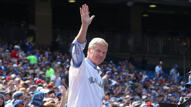 TORONTO, ON - AUGUST 11: Former player Pat Tabler #15 of the Toronto Blue Jays acknowledges the fans during pre-game ceremonies honoring the club's back-to-back World Series championships in 1992 and 1993 before the start of MLB game action against the Tampa Bay Rays at Rogers Centre on August 11, 2018 in Toronto, Canada.