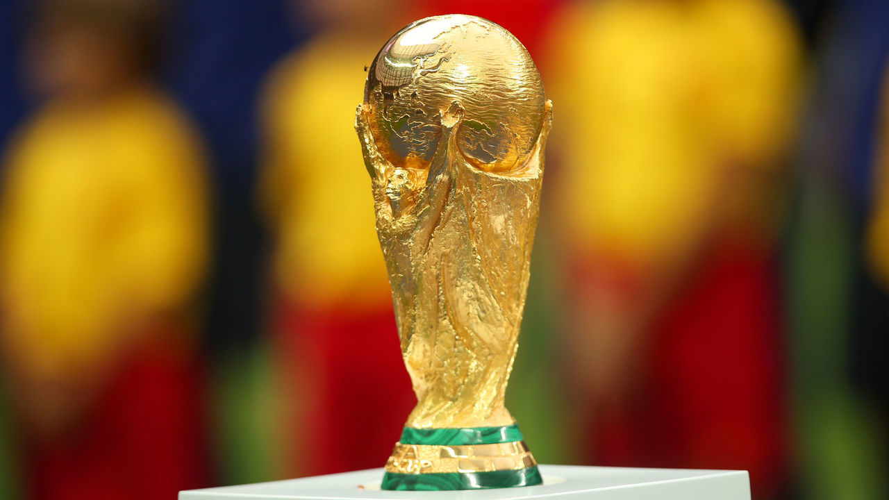 MOSCOW, RUSSIA - JULY 15: General View of of the FIFA World Cup trophy prior to the 2018 FIFA World Cup Russia Final between France and Croatia at Luzhniki Stadium on July 15, 2018 in Moscow, Russia.