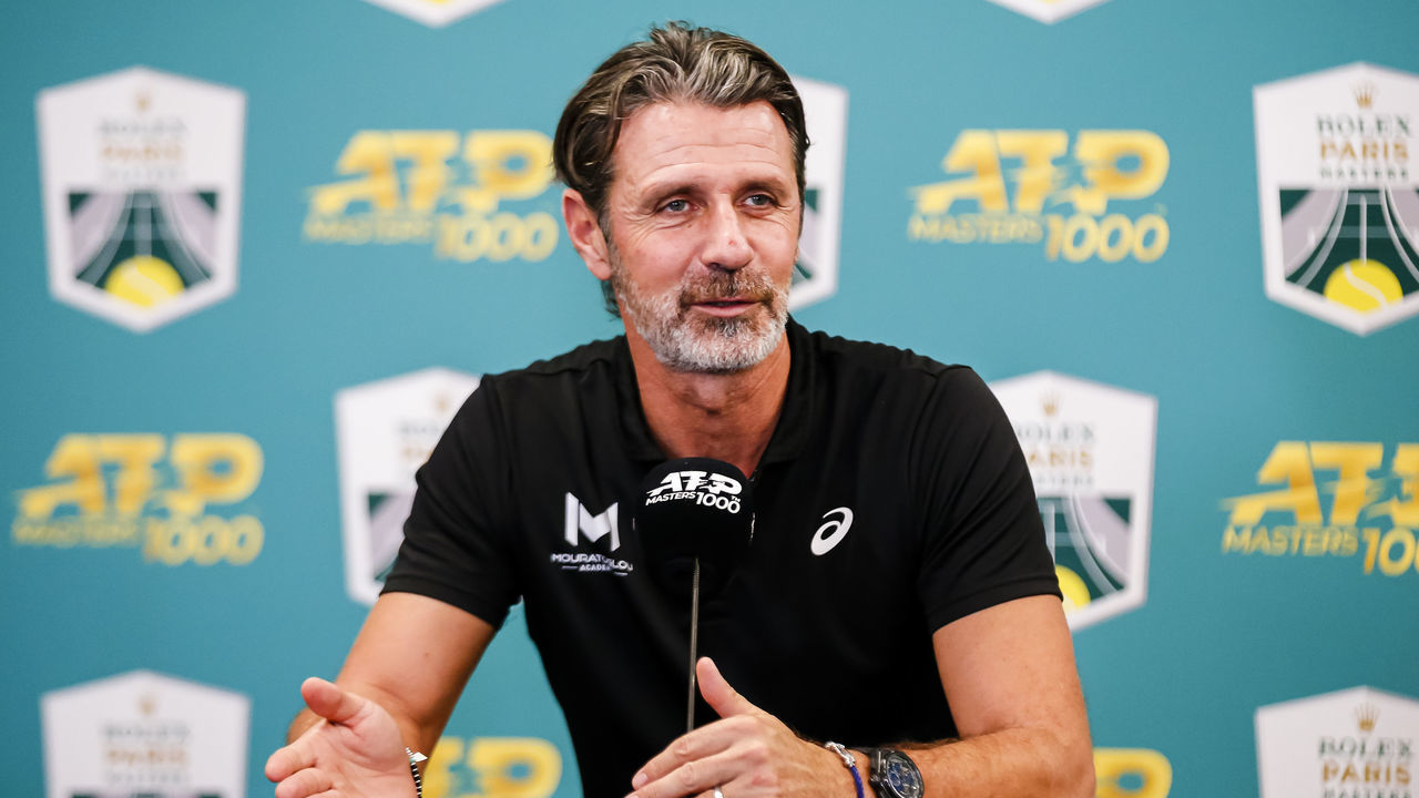 PARIS, FRANCE - NOVEMBER 06: Patrick Mouratoglou, Holger Rune Head Coachs talks during the press conference after Holger wins the Rolex Paris Masters at Palais Omnisports de Bercy on November 6, 2022 in Paris, France.