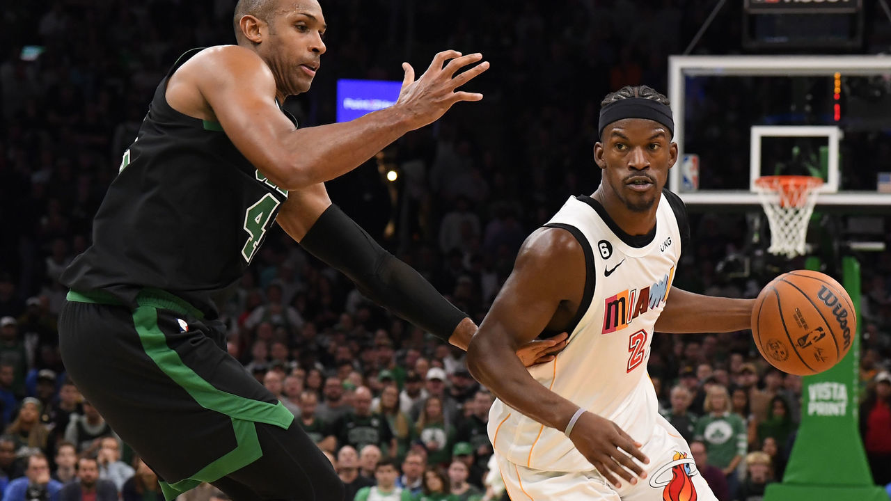 BOSTON, MA - DECEMBER 2: Jimmy Butler #22 of the Miami Heat dribbles the ball during the game against the Boston Celtics on December 2, 2022 at the TD Garden in Boston, Massachusetts. Mandatory Copyright Notice: Copyright 2022 NBAE