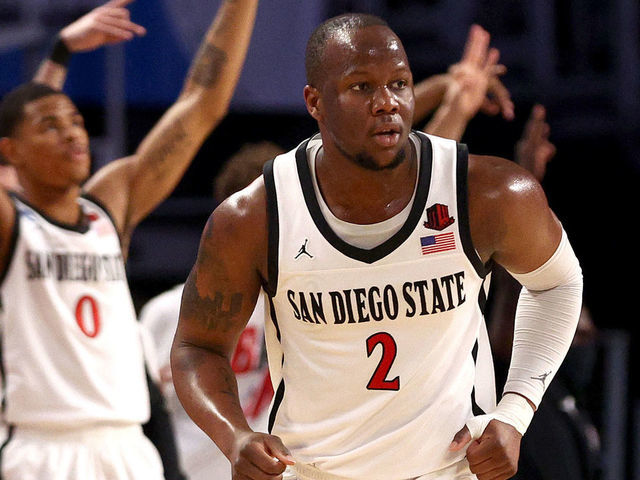 FORT WORTH, TEXAS - MARCH 17: Adam Seiko #2 of the San Diego State Aztecs looks on against the Creighton Bluejays during the second half in the first round of the 2022 NCAA Men's Basketball Tournament at Dickies Arena on March 17, 2022 in Fort Worth, Texas.