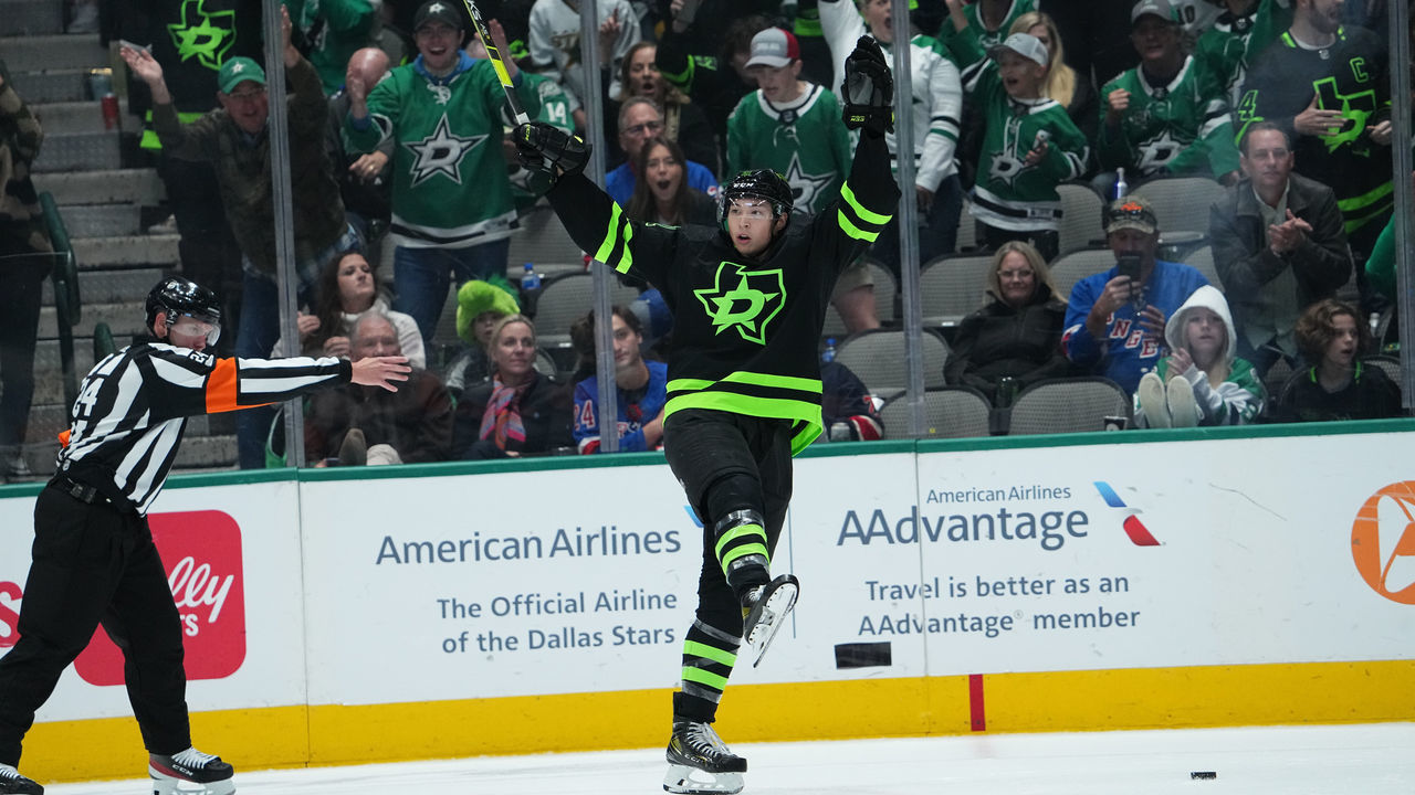 DALLAS, TX - OCTOBER 29: Jason Robertson #21 of the Dallas Stars celebrates a goal against the New York Rangers at the American Airlines Center on October 29, 2022 in Dallas, Texas.
