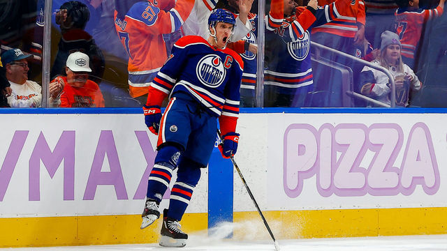 EDMONTON, AB - NOVEMBER 19: Edmonton Oilers Center Connor McDavid (97) celebrates his game winning goal in overtime during the Edmonton Oilers game versus the Las Vegas Golden Knights on November 19, 2022 at Rogers Place in Edmonton, AB.