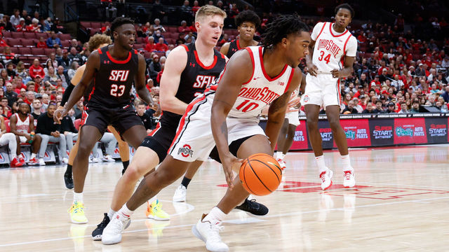 COLUMBUS, OH - DECEMBER 03: Ohio State Buckeyes forward Brice Sensabaugh (10) with the ball during the second half in a game between St. Francis Red Flash and Ohio State University Buckeyes, December 3, 2022 at Value City Arena in Columbus, Ohio.