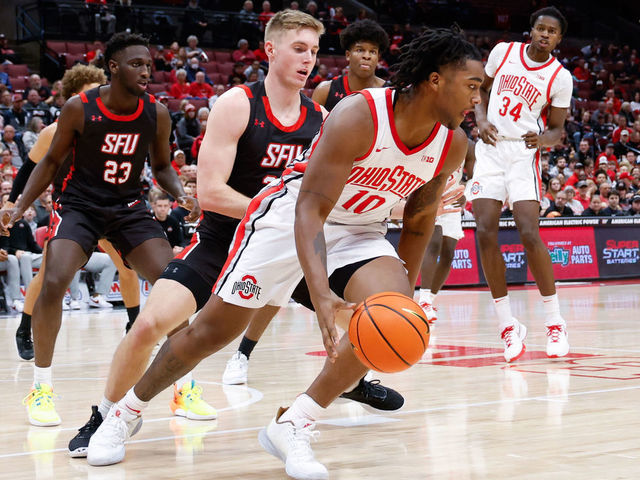 COLUMBUS, OH - DECEMBER 03: Ohio State Buckeyes forward Brice Sensabaugh (10) with the ball during the second half in a game between St. Francis Red Flash and Ohio State University Buckeyes, December 3, 2022 at Value City Arena in Columbus, Ohio.