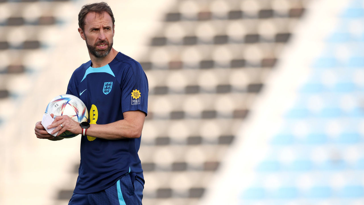 DOHA, QATAR - DECEMBER 01: Gareth Southgate, Head Coach of England, looks on during a training session at Al Wakrah Stadium on December 01, 2022 in Doha, Qatar.