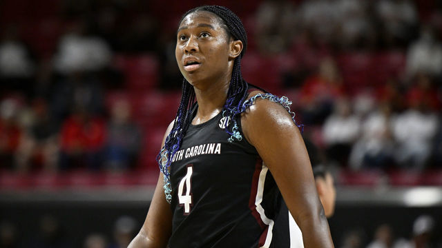 COLLEGE PARK, MARYLAND - NOVEMBER 11: Aliyah Boston #4 of the South Carolina Gamecocks plays against the Maryland Terrapins at Xfinity Center on November 11, 2022 in College Park, Maryland.