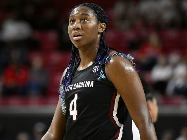 COLLEGE PARK, MARYLAND - NOVEMBER 11: Aliyah Boston #4 of the South Carolina Gamecocks plays against the Maryland Terrapins at Xfinity Center on November 11, 2022 in College Park, Maryland.