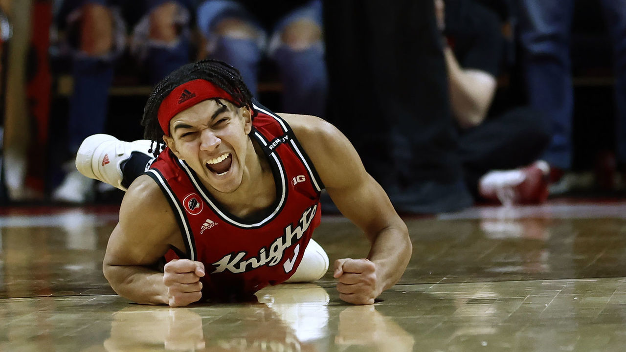 PISCATAWAY, NJ - DECEMBER 03: Derek Simpson #0 of the Rutgers Scarlet Knights reacts after drawing a technical foul against the Indiana Hoosiers during the second half of a game at Jersey Mike's Arena on December 3, 2022 in Piscataway, New Jersey. Rutgers defeated Indiana 63-48.