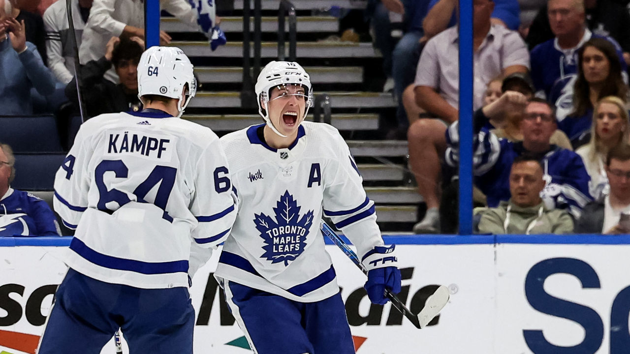 TAMPA, FL - DECEMBER 3: Mitchell Marner #16 of the Toronto Maple Leafs celebrates his goal against the Tampa Bay Lightning with David Kampf #64 during the second period of the game at the Amalie Arena on December 3, 2022 in Tampa, Florida. Marner reached a 19 game point streak to set a new Maple Leafs record.