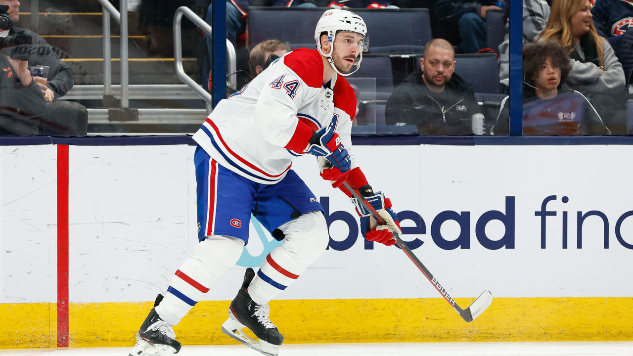 COLUMBUS, OH - NOVEMBER 23: Montreal Canadiens defenseman Joel Edmundson (44) during the first period in a game between the Montreal Canadiens and the Columbus Blue Jackets on November 23, 2022, at Nationwide Arena in Columbus, Ohio.