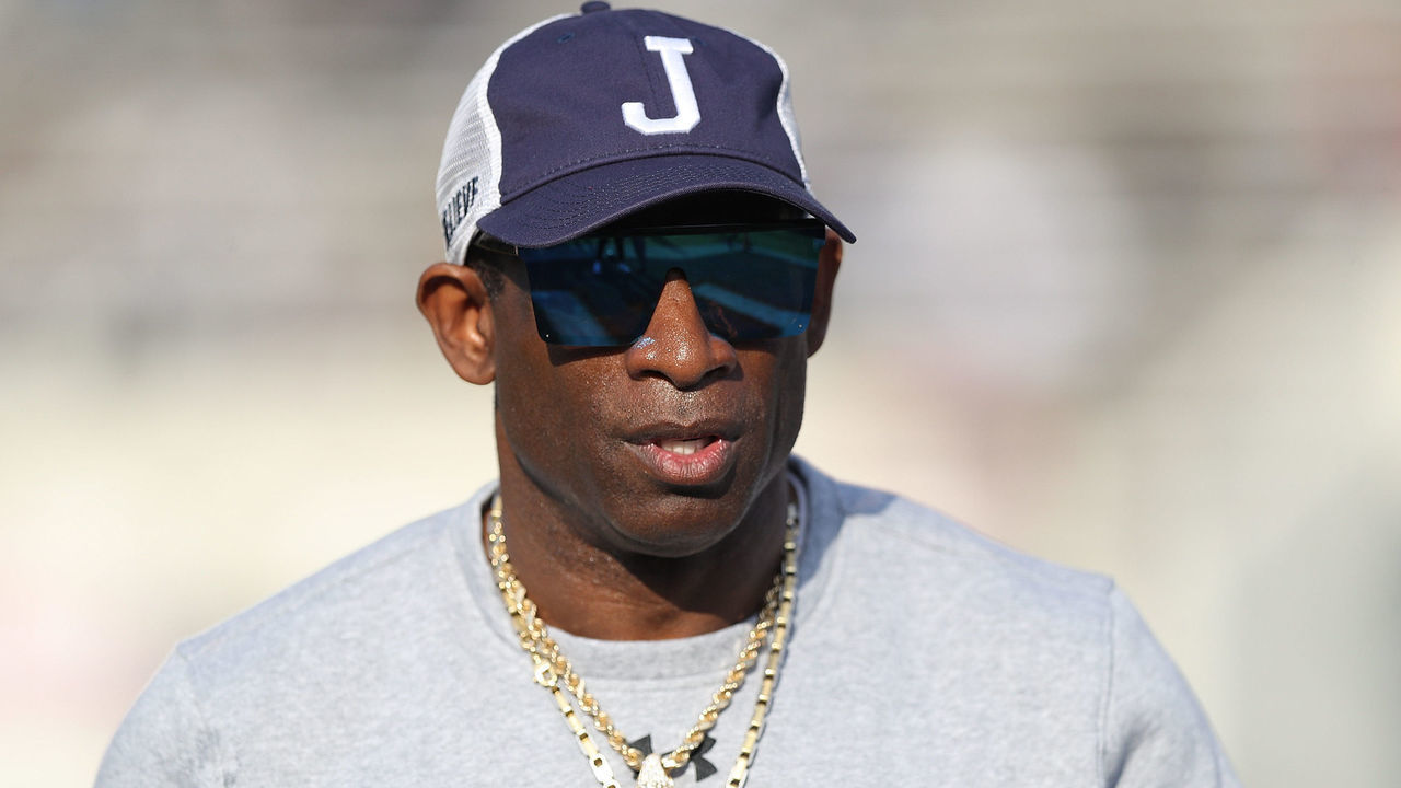 JACKSON, MISSISSIPPI - DECEMBER 03: Head coach Deion Sanders of the Jackson State Tigers looks on before the game against the Southern University Jaguars of the SWAC Championship game at Mississippi Veterans Memorial Stadium on December 03, 2022 in Jackson, Mississippi.