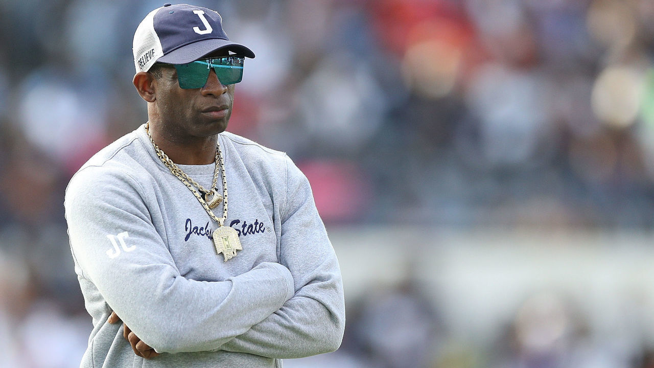 JACKSON, MISSISSIPPI - DECEMBER 03: Head coach Deion Sanders of the Jackson State Tigers looks on before the game against the Southern University Jaguars in the SWAC Championship at Mississippi Veterans Memorial Stadium on December 03, 2022 in Jackson, Mississippi.