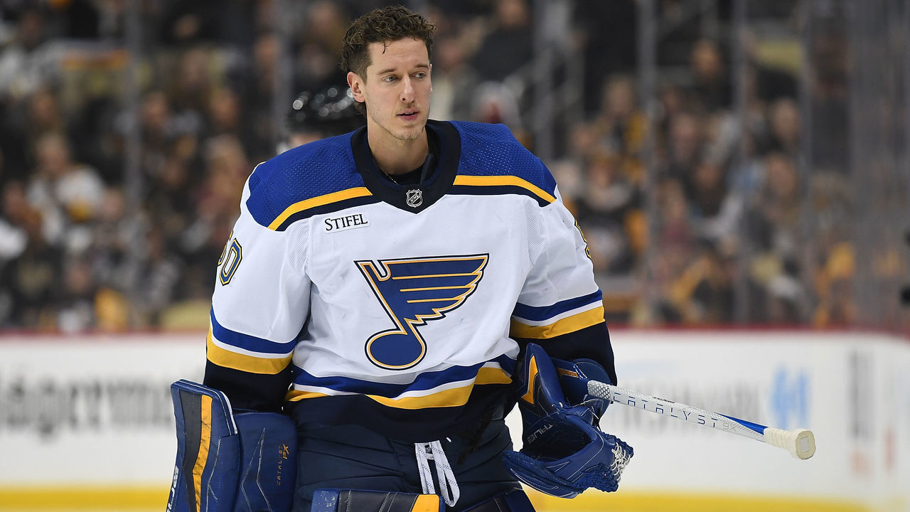 PITTSBURGH, PA - DECEMBER 03: Jordan Binnington #50 of the St. Louis Blues skates off the ice after being pulled in the second period during the game against the Pittsburgh Penguins at PPG PAINTS Arena on December 3, 2022 in Pittsburgh, Pennsylvania.