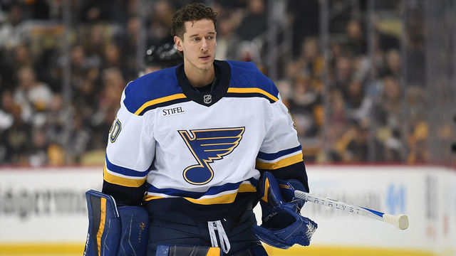 PITTSBURGH, PA - DECEMBER 03: Jordan Binnington #50 of the St. Louis Blues skates off the ice after being pulled in the second period during the game against the Pittsburgh Penguins at PPG PAINTS Arena on December 3, 2022 in Pittsburgh, Pennsylvania.