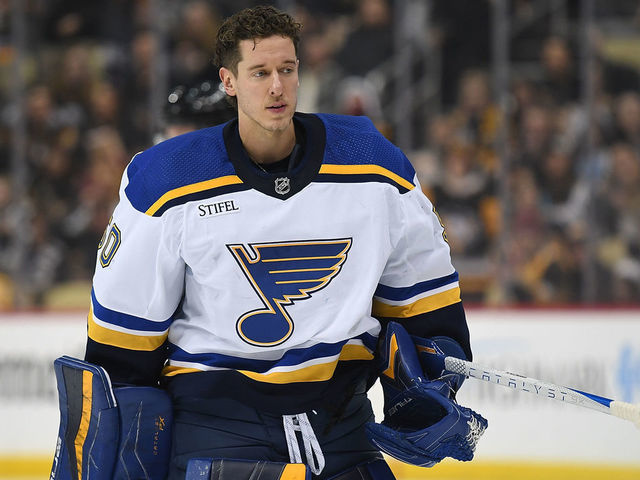 PITTSBURGH, PA - DECEMBER 03: Jordan Binnington #50 of the St. Louis Blues skates off the ice after being pulled in the second period during the game against the Pittsburgh Penguins at PPG PAINTS Arena on December 3, 2022 in Pittsburgh, Pennsylvania.