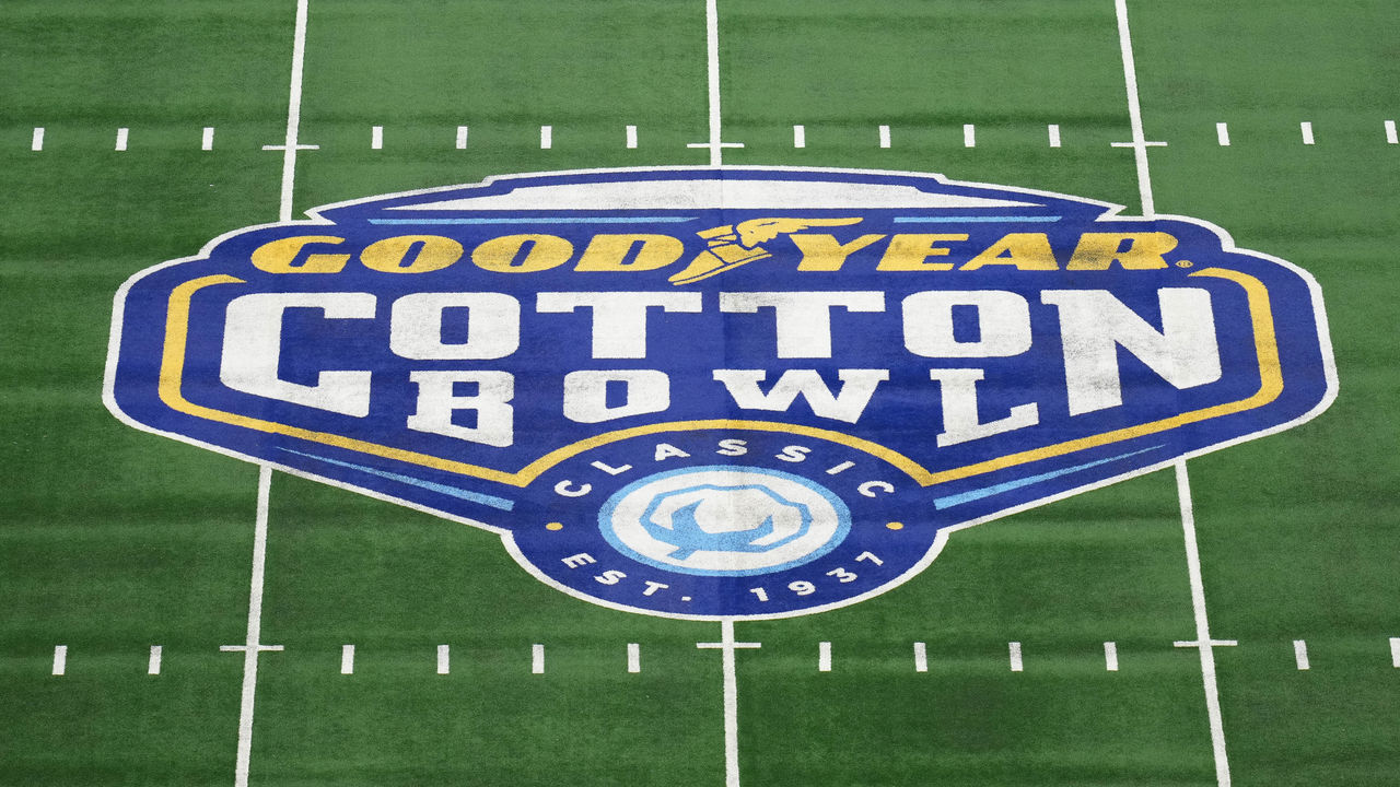 ARLINGTON, TX - DECEMBER 31: A detail view of the Goodyear Cotton Bowl logo is seen at the 50 yard marker of the field during the CFP Semifinal Goodyear Cotton Bowl game between the Cincinnati Bearcats and the Alabama Crimson Tide on December 31, 2021 at AT&T Stadium in Arlington, TX.