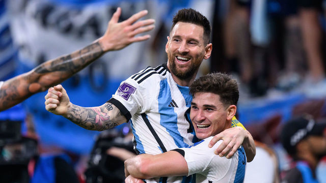 DOHA, QATAR - DECEMBER 03: Julian Alvarez (R) of Argentina celebrates after scoring his team's second goal with Rodrigo De Paul (L) and Lionel Messi (C) during the FIFA World Cup Qatar 2022 Round of 16 match between Argentina and Australia at Ahmad Bin Ali Stadium on December 03, 2022 in Doha, Qatar.