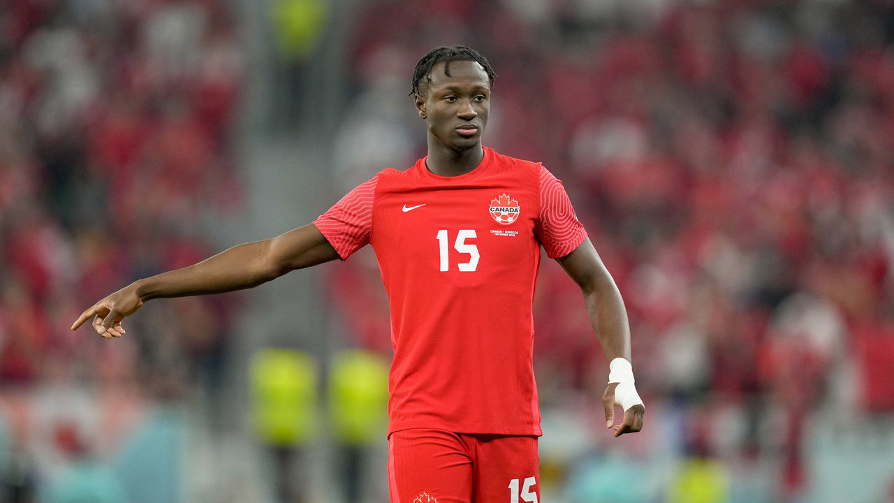 DOHA, QATAR - DECEMBER 01: Ismael Kone of Canada gestures during the FIFA World Cup Qatar 2022 Group F match between Canada and Morocco at Al Thumama Stadium on December 1, 2022 in Doha, Qatar.