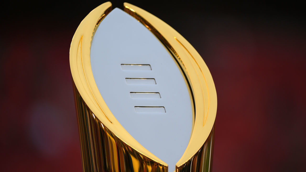SANTA CLARA, CA - JANUARY 07: The championship trophy is on display prior to the College Football Playoff National Championship held at Levi's Stadium on January 7, 2019 in Santa Clara, California. The Clemson Tigers defeated the Alabama Crimson Tide 44-16.