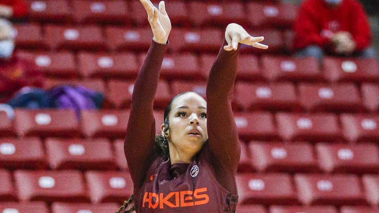 MADISON, WI - DECEMBER 01: Virginia Tech guard Kayana Traylor (23) puts up a 3 point shot during a women's college basketball game between the University of Wisconsin Badgers and the Virginia Tech Hokies on December 1, 2021 at the Kohl Center in Madison, WI.
