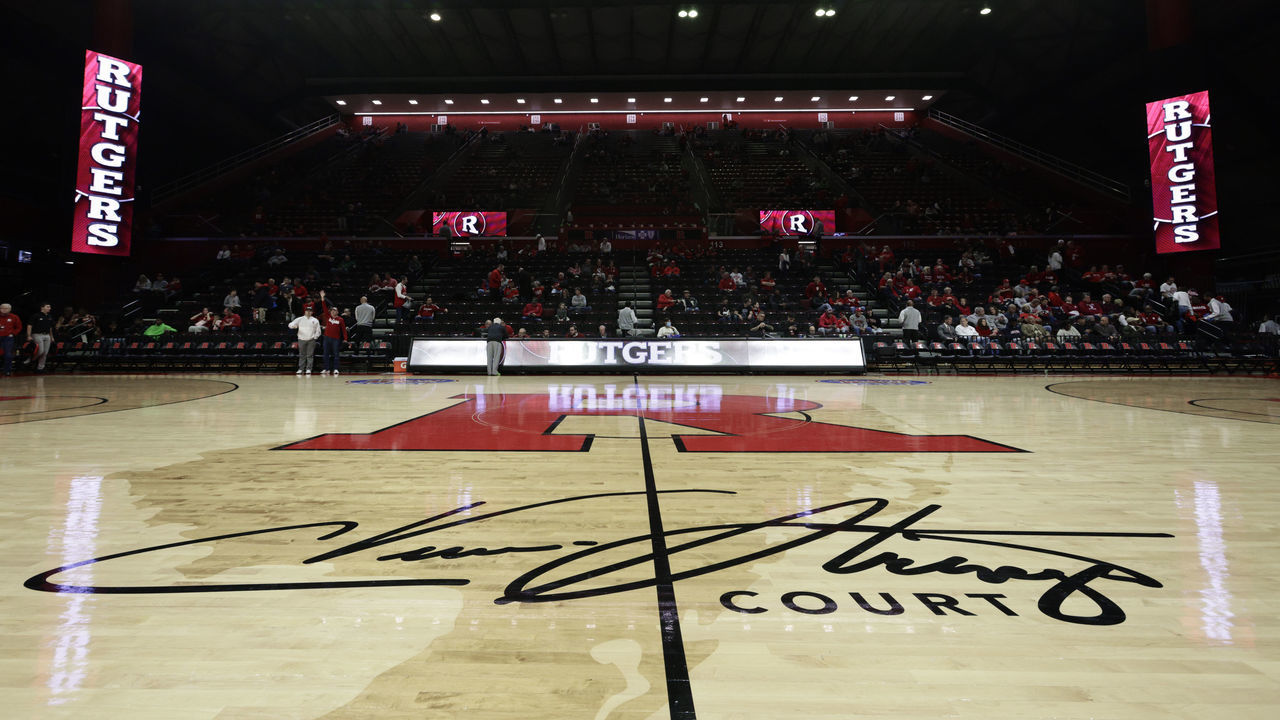 PISCATAWAY, NJ - DECEMBER 03: Detail of the C. Vivian Stringer court at Jersey Mike's Arena before a game between the Indiana Hoosiers and Rutgers Scarlet Knights on December 3, 2022 in Piscataway, New Jersey.