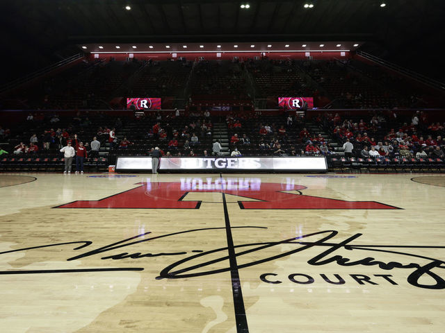 PISCATAWAY, NJ - DECEMBER 03: Detail of the C. Vivian Stringer court at Jersey Mike's Arena before a game between the Indiana Hoosiers and Rutgers Scarlet Knights on December 3, 2022 in Piscataway, New Jersey.