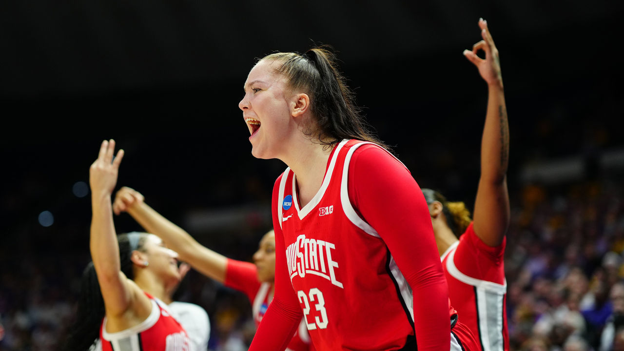 BATON ROUGE, LA - MARCH 21: Ohio State Buckeyes forward Rebeka Mikulasikova #23 celebrates on the bench during the second half of the game between the LSU Tigers and the Ohio State Buckeyes during the second round of the 2022 NCAA Women's Basketball Tournament held at the Pete Maravich Assembly Center on March 21, 2022 in Baton Rouge, Louisiana.