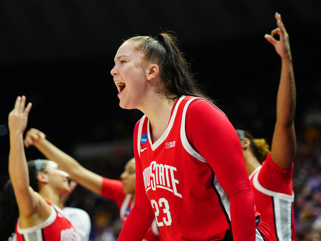 BATON ROUGE, LA - MARCH 21: Ohio State Buckeyes forward Rebeka Mikulasikova #23 celebrates on the bench during the second half of the game between the LSU Tigers and the Ohio State Buckeyes during the second round of the 2022 NCAA Women's Basketball Tournament held at the Pete Maravich Assembly Center on March 21, 2022 in Baton Rouge, Louisiana.
