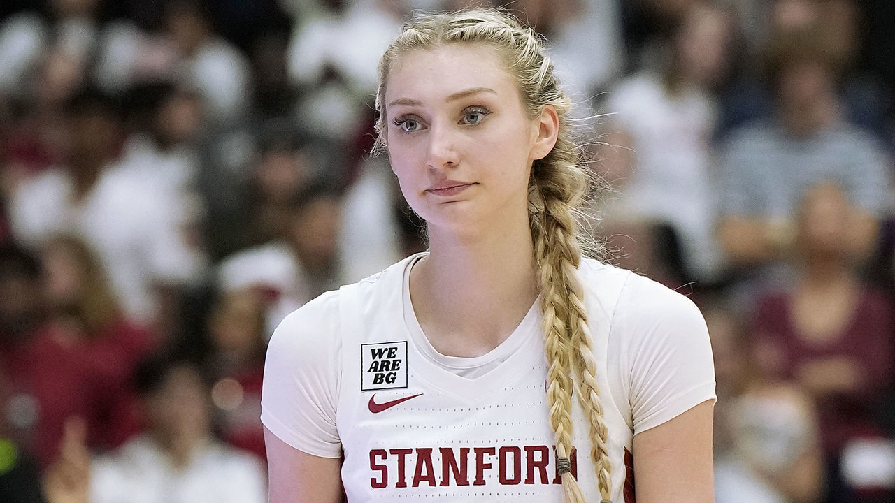 PALO ALTO, CALIFORNIA - NOVEMBER 20: Cameron Brink #22 of the Stanford Cardinal reacts walking off the floor after fouling out of the game in overtime against the South Carolina Gamecocks at Stanford Maples Pavilion on November 20, 2022 in Palo Alto, California.