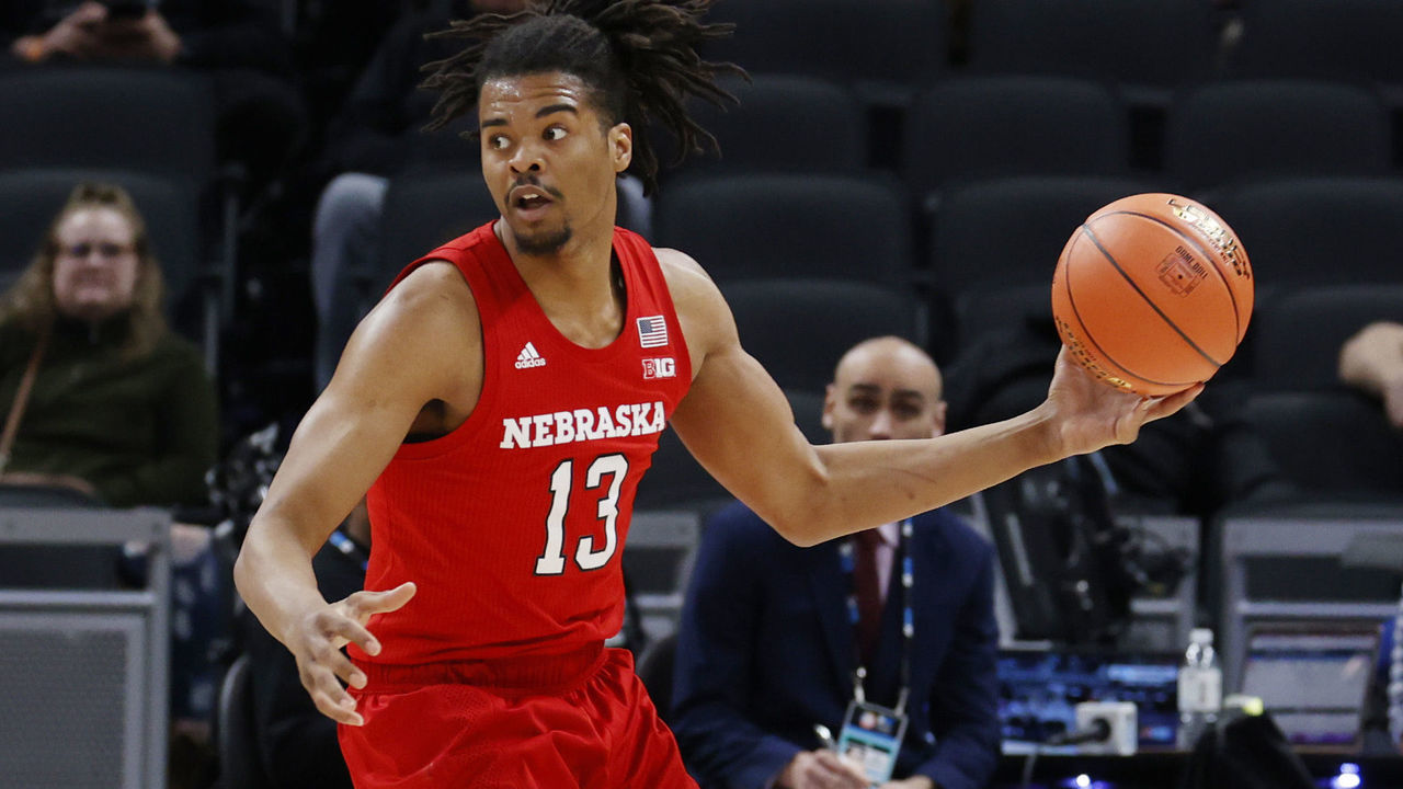INDIANAPOLIS, IN - MARCH 09: Nebraska Cornhuskers forward Derrick Walker (13) is guarded by Northwestern Wildcats center Ryan Young (15) on March 9, 2022 during the Big Ten Tournament at Gainbridge Fieldhouse in Indianapolis, Indiana.