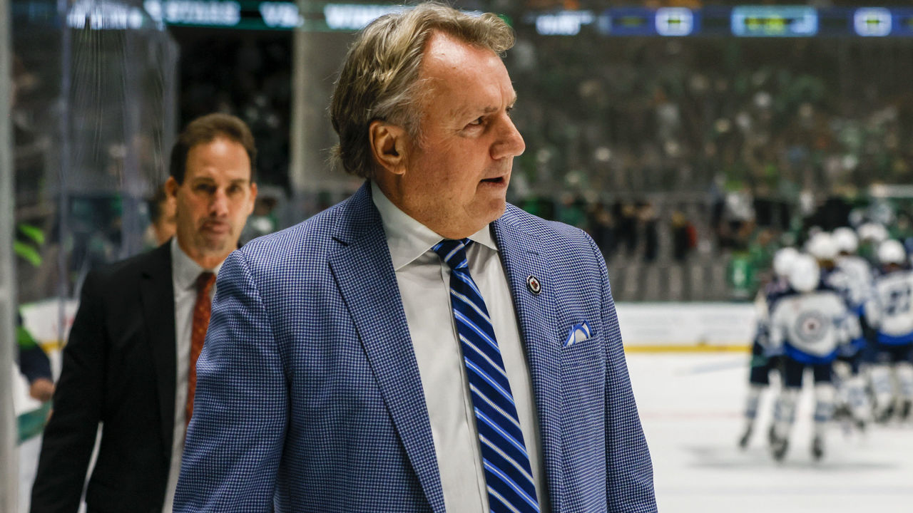 DALLAS, TX - NOVEMBER 25: Winnipeg Jets head coach Rick Bowness walks off the ice after winning in overtime between the Dallas Stars and the Winnipeg Jets on November 25, 2022 at American Airlines Center in Dallas, Texas.
