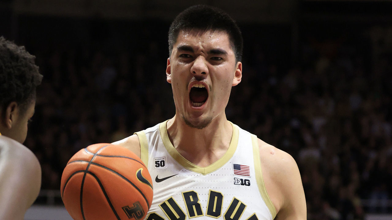 WEST LAFAYETTE, INDIANA - DECEMBER 04: Zach Edey #15 of the Purdue Boilermakers reacts after a dunk during the second half against the Minnesota Golden Gophers at Mackey Arena on December 04, 2022 in West Lafayette, Indiana.
