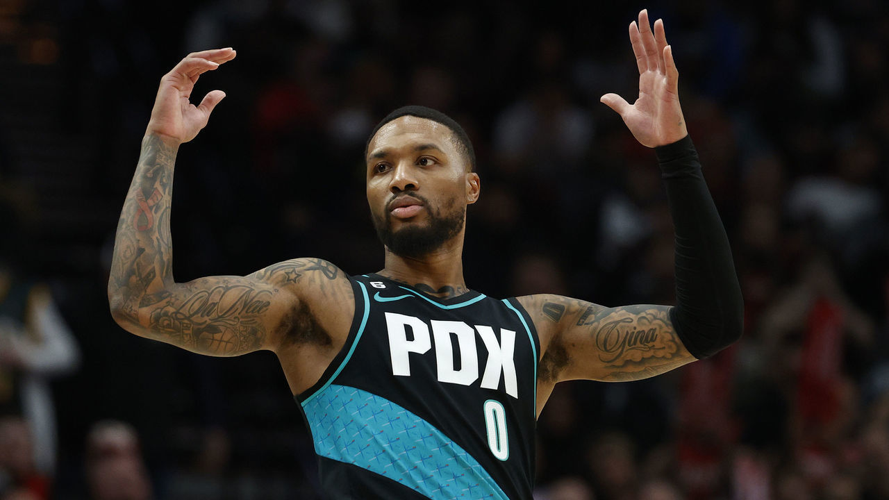 PORTLAND, OREGON - NOVEMBER 17: Damian Lillard #0 of the Portland Trail Blazers reacts during the third quarter against the Brooklyn Nets at Moda Center on November 17, 2022 in Portland, Oregon.