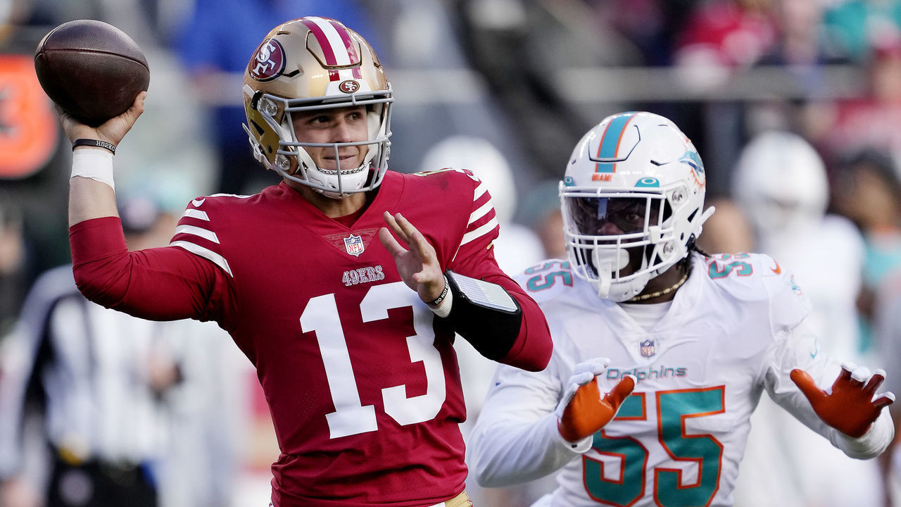 SANTA CLARA, CALIFORNIA - DECEMBER 04: Brock Purdy #13 of the San Francisco 49ers attempts a pass during the second quarter against the Miami Dolphins at Levi's Stadium on December 04, 2022 in Santa Clara, California.