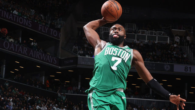 BROOKLYN, NY - DECEMBER 4: Jaylen Brown #7 of the Boston Celtics dunks the ball during the game against the Brooklyn Nets on December 4, 2022 at Barclays Center in Brooklyn, New York. Mandatory Copyright Notice: Copyright 2022 NBAE