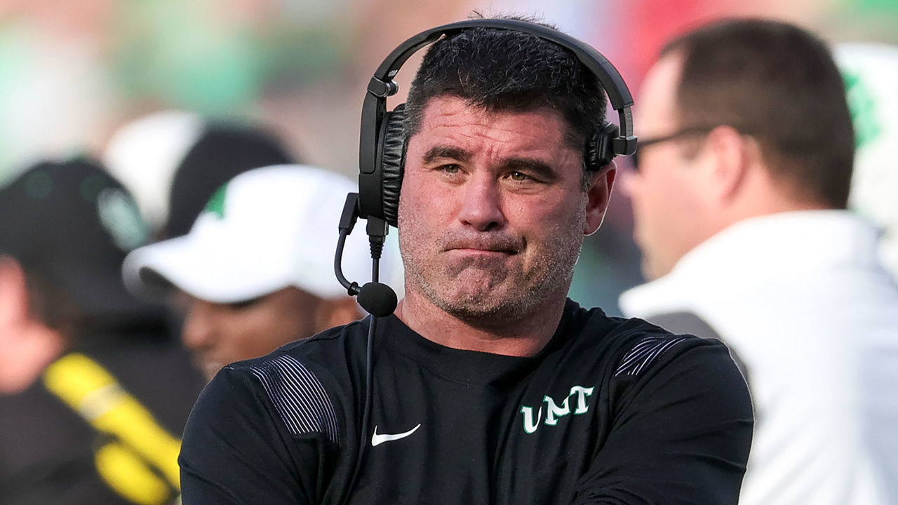 FRISCO, TX - DECEMBER 23: North Texas Mean Green head coach Seth Littrell reacts to a call during the Frisco Football Classic game between Miami (OH) Redhawks and North Texas Mean Green on December 23, 2021 at the Toyota Stadium in Frisco,Texas.