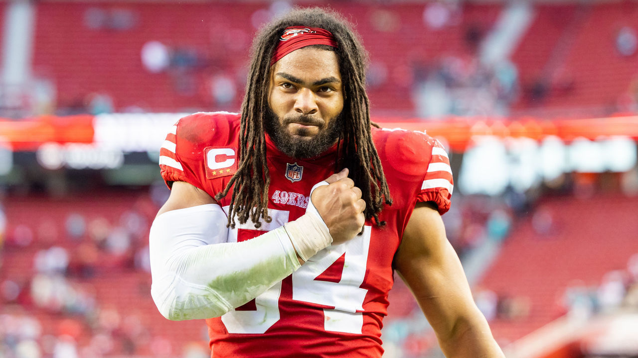 SANTA CLARA, CA - DECEMBER 04: San Francisco 49ers linebacker Fred Warner (54) celebrates his teams victory during the NFL professional football game between the Miami Dolphins and San Francisco 49ers on December 4, 2022 at Levis Stadium in Santa Clara, CA.