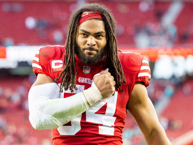 SANTA CLARA, CA - DECEMBER 04: San Francisco 49ers linebacker Fred Warner (54) celebrates his teams victory during the NFL professional football game between the Miami Dolphins and San Francisco 49ers on December 4, 2022 at Levis Stadium in Santa Clara, CA.