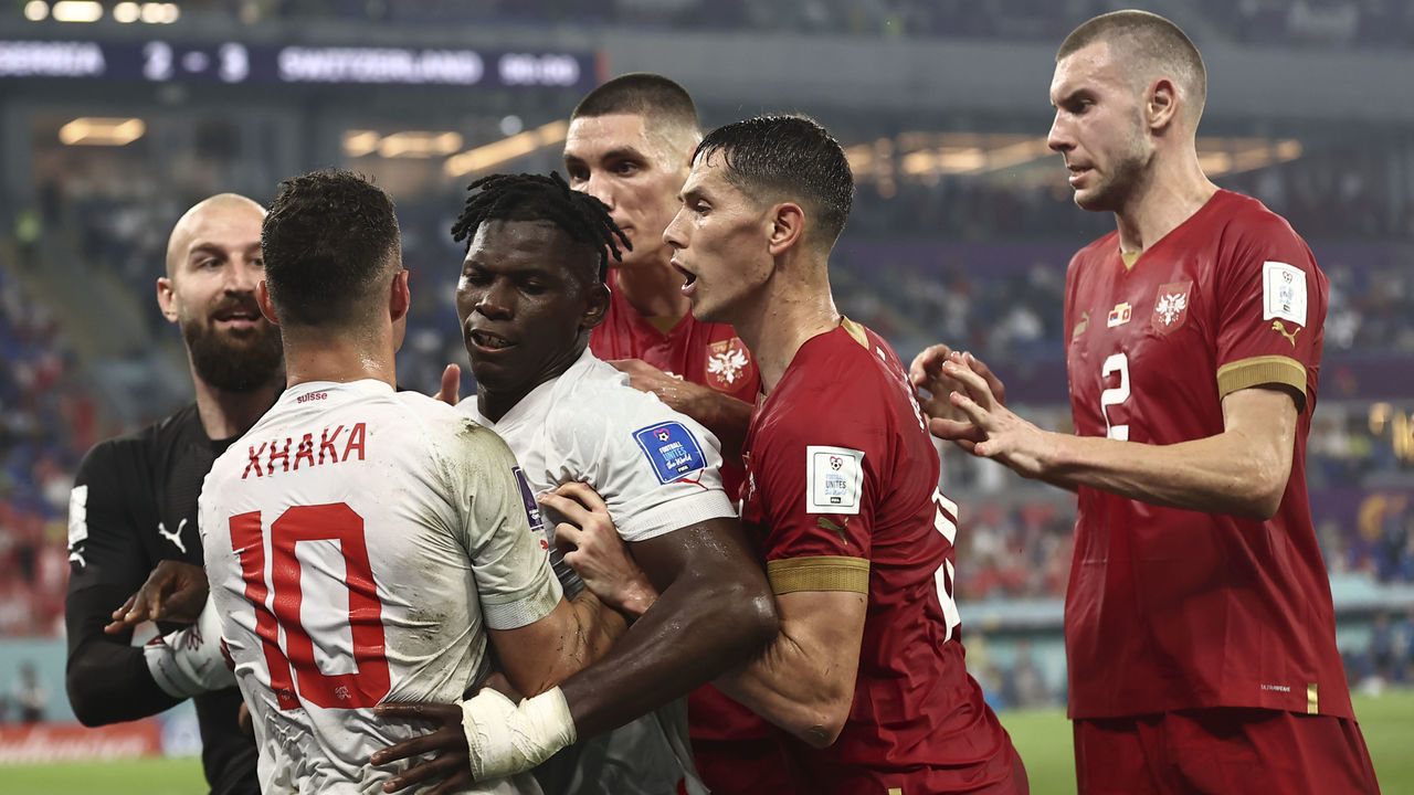 DOHA, QATAR - DECEMBER 02: Players of Serbia argue with players of Switzerland during the FIFA World Cup Qatar 2022 Group G match between Serbia and Switzerland at Stadium 974 in Doha, Qatar on December 02, 2022.