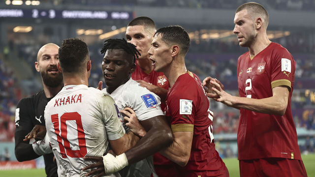 DOHA, QATAR - DECEMBER 02: Players of Serbia argue with players of Switzerland during the FIFA World Cup Qatar 2022 Group G match between Serbia and Switzerland at Stadium 974 in Doha, Qatar on December 02, 2022.