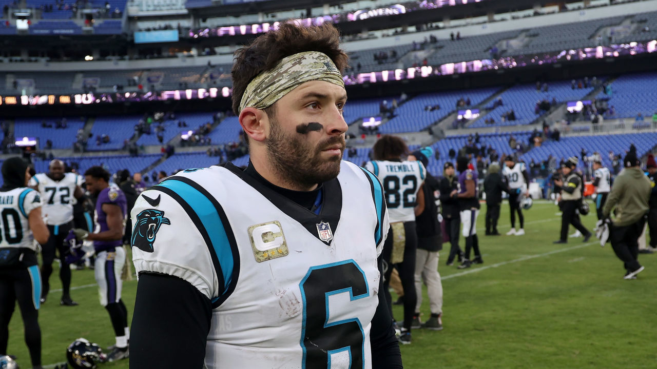 BALTIMORE, MARYLAND - NOVEMBER 20: Quarterback Baker Mayfield #6 of the Carolina Panthers walks off the field after losing to the Baltimore Ravens at M&T Bank Stadium on November 20, 2022 in Baltimore, Maryland.