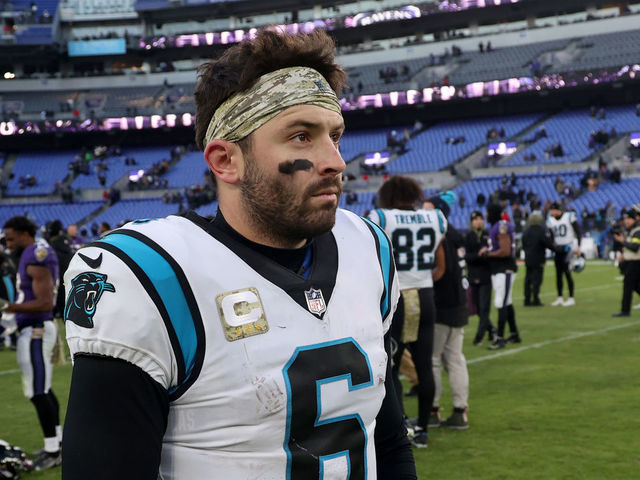 BALTIMORE, MARYLAND - NOVEMBER 20: Quarterback Baker Mayfield #6 of the Carolina Panthers walks off the field after losing to the Baltimore Ravens at M&T Bank Stadium on November 20, 2022 in Baltimore, Maryland.