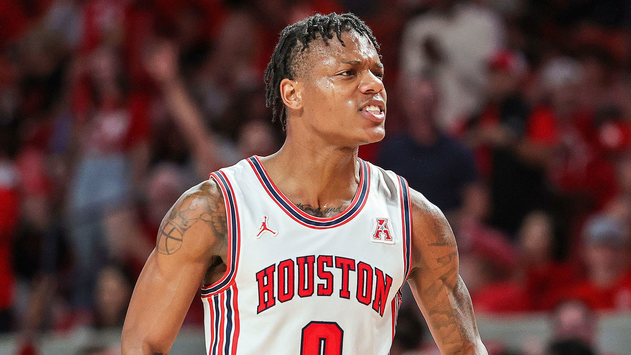 HOUSTON, TEXAS - NOVEMBER 29: Marcus Sasser #0 of the Houston Cougars reacts after making a three point basket against the Norfolk State Spartans at Fertitta Center on November 29, 2022 in Houston, Texas.