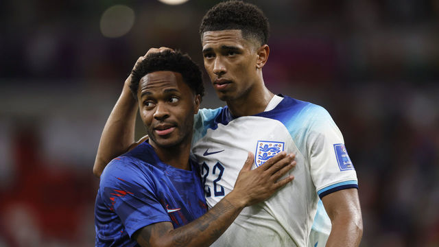 DOHA, QATAR - NOVEMBER 29: Raheem Sterling of England and Jude Bellingham of England after the FIFA World Cup Qatar 2022 Group B match between Wales and England at Al Janoub Stadium on November 29, 2022 in Doha, Qatar.
