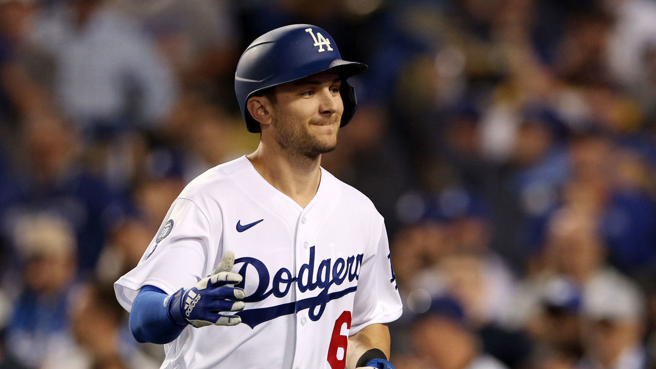 LOS ANGELES, CALIFORNIA - OCTOBER 11: Trea Turner #6 of the Los Angeles Dodgers celebrates after hitting a solo home run during the first inning in game one of the National League Division Series against the San Diego Padres at Dodger Stadium on October 11, 2022 in Los Angeles, California.